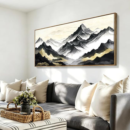 Large Framed Contemporary Black White And Gold Living Room Wall Art, Canvas Print Of Landscape Mountains; Unique Abstract Natural Artwork For Bedrooms, Offices, Studies, Entryways, And Living Rooms. 48X24 Inches.