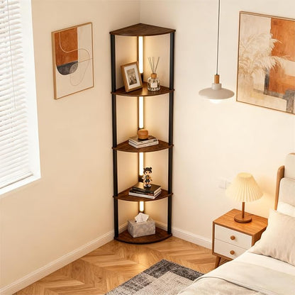 Lightdot Corner Floor Lamps with Shelves, 64Inch 5-Tier Storage Shelf Lamp with Integrated LED Posts/Amber Shelf/Black Frame, Black Display Floor Lamp for Living Room Bedroom/Sofa Beside/Corner Decor