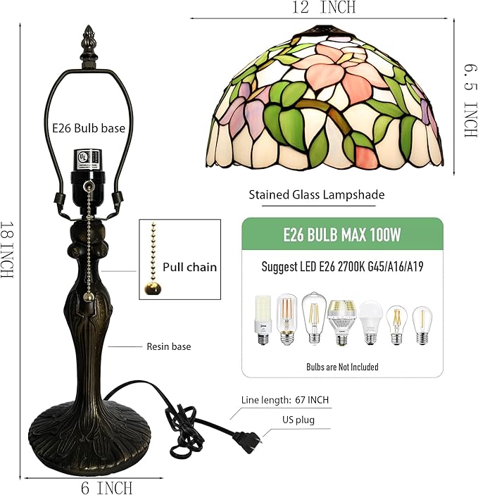 Tiffany Lamp Stained Glass Table Lamp Bedside Reading Lamp 12 x 19” Pink Flower Style Decorative Lamp for Desk Study Living Room Bedroom Office Decor Gift