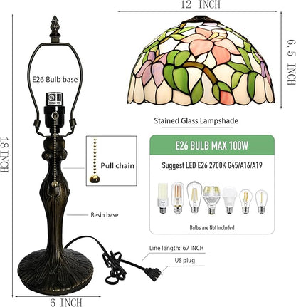 Tiffany Lamp Stained Glass Table Lamp Bedside Reading Lamp 12 x 19” Pink Flower Style Decorative Lamp for Desk Study Living Room Bedroom Office Decor Gift