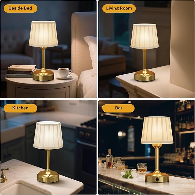 Cordless Table Lamp, Rechargeable Small Desk Lamp Faric Shade 5000mAh Beattery Powered Lamp Touch Stepless Dimmable Bedside Table Lamp for Bedroom, Living Room, Dining Room, Camping Gold
