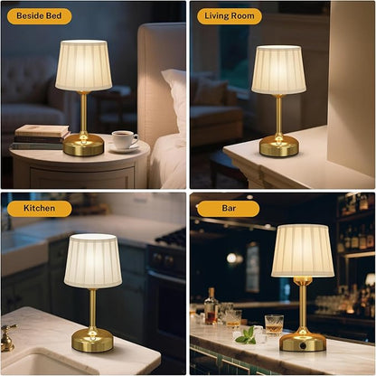 Cordless Table Lamp, Rechargeable Small Desk Lamp Faric Shade 5000mAh Beattery Powered Lamp Touch Stepless Dimmable Bedside Table Lamp for Bedroom, Living Room, Dining Room, Camping Gold