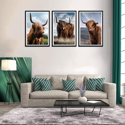 Funny Highland Cow Framed Canvas Wall Art 3 Pieces Highland Cow Portrait Wall Decor for Country Apartment Living Room Bedroom Rustic Vintage Animals Artwork Decoration Easy to Hand 24x36inchx3pcs