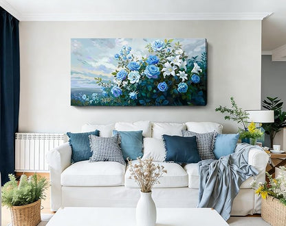 NiceTop 48x24 Inch Large Floral Canvas Wall Art, Waterproof Moisture Resistant Blue Rose White Lily Modern Botanical Artwork with Hanging Kit, Abstract Aesthetic Wrapped Canvas Print for Living Room, Bedroom, Bathroom, Boho Farmhouse Home Decor