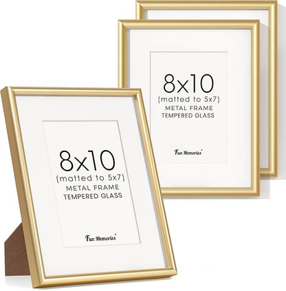 Fun Memories 8x10 Aluminum Frame Gold, Set of 3, 8"x10" Aluminum Picture Frame for Wall & Tabletop Display, 8x10 Frame with Mat for 5x7, Metal 8 x 10 Picture Frame with Real Glass