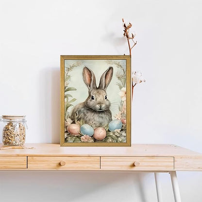 Easter Bunny Wall Art, Vintage Rabbit Canvas Wall Decor, Easter Eggs Poster Print Picture, Spring Farmhouse Animal Painting for Living Room Bedroom Kitchen Holiday Home Decor 12x16 Inch Wood Framed