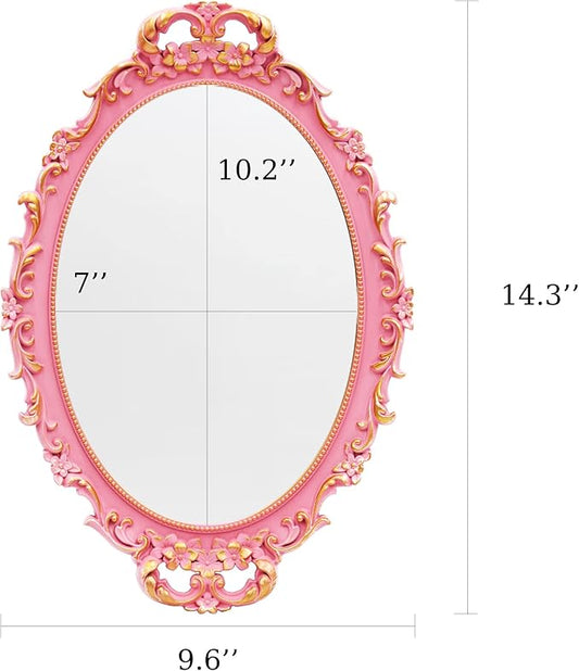 Tstarer 2PACK - Vintage Decorative Pink Framed Mirror, Wall Hanging Mirrors & Tabletop Tray for Bedroom Living Room Dresser Decor, Oval- 9.6" W x 14.3" L (PINK-2PACK)