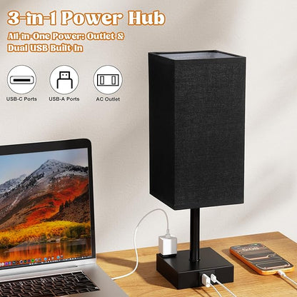 aooshine Black Bedside Lamp for Nightstand - Touch Table Lamp with Type C + A and AC Outlet, Square Charging Lamps for Bedroom Decor, Dorm Lamp for Men, E26 Bulb Included (3000K)
