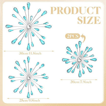 Hicarer 4 Pcs Starburst Wall Decor Bling Wall Art Crystal Teardrop 3D Hanging Rhinestone Radial Metal Artwork Modern Accent Sculptures Decorations for Living Room Home Office Bedroom(Blue)
