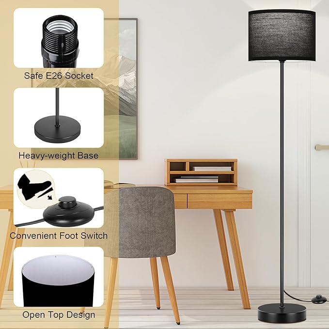 TOBUSA 65’’ Black Floor Lamp for Bedroom, Living Room Pole Floor Light with Black Shade, Modern Tall Standing Lamp with 3-Color Changing E26 Bulbs, Minimalist Stand-up LED Floor Lamp with Foot Pedal
