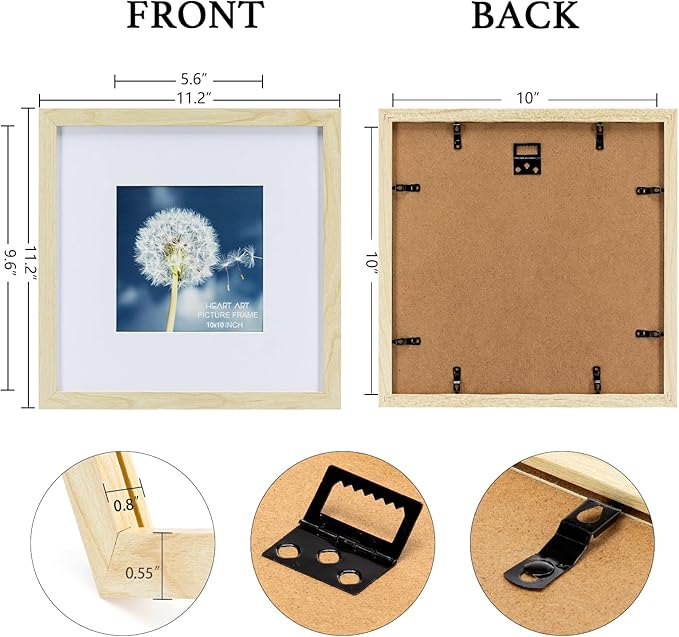 HEART ART 10x10 Natural Wood Picture Frame Set of 9,Display Pictures 6x6 with Mat or 10 x 10 without Mat,Multi Collage Gallery Square Photo Frames for Wall
