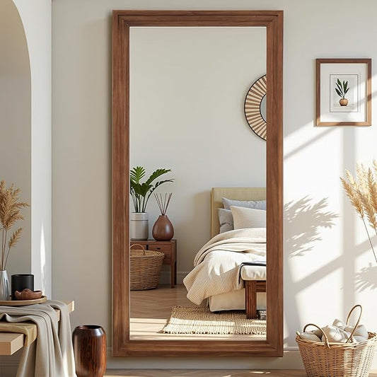 Antok Full Length Mirror with Solid Wood Frame, 71"×32" Wall Mounted Oversized Floor Mirror with Stand, Leaning Standing Hanging for Bedroom Living Room Entryway, Brown, Rect Style