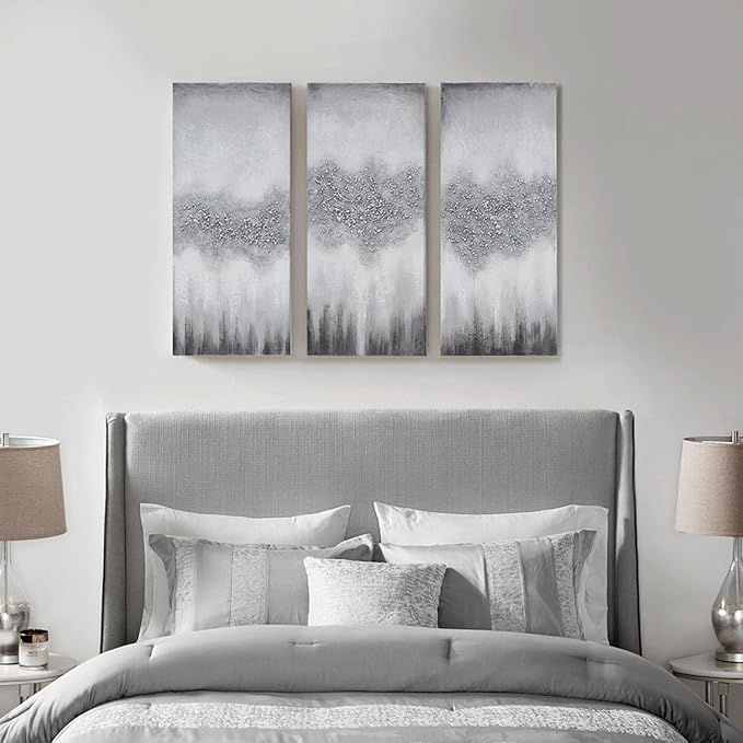 Madison Park Wall Art Living Room Décor - Embellished Hand Painted Canvas, Home Accent Glitter Abstract Bathroom Decoration Ready to Hang Painting for Bedroom, 15"W x 35"H x 1.5"D, Grey 3 Piece