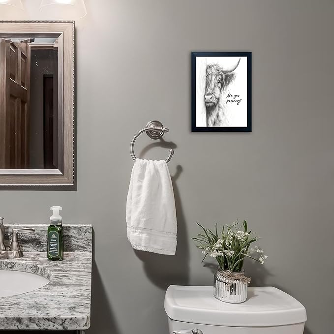 Gongyuanyihao Arts Funny Highland Cow Bathroom Wall Art with Black Frame, Are You Pooping Sign for Farmhouse Restroom Decor, Rustic Humorous Canvas Print Painting Ready to Hang 11"x14"