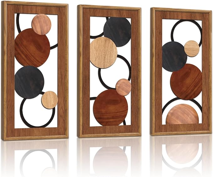 KAIRNE Boho Abstract Wooden Wall Art,3 Pieces Vintage Modern Wall Sculptures,Rustic Farmhouse Framed Hanging Decor,Minimalist Mid Century Wall Decor for Living Room Bedroom Kitchen Office,8X16 inch