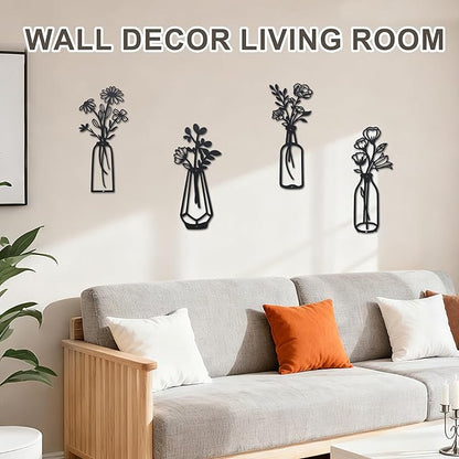 ZOES HOMDECO 4 Pcs Metal Flowers Wall Art Modern Farmhouse Decor Black Bathroom Wall Decor, Housewarming Gifts for Living Room Kitchen Bedroom Dining Room Office
