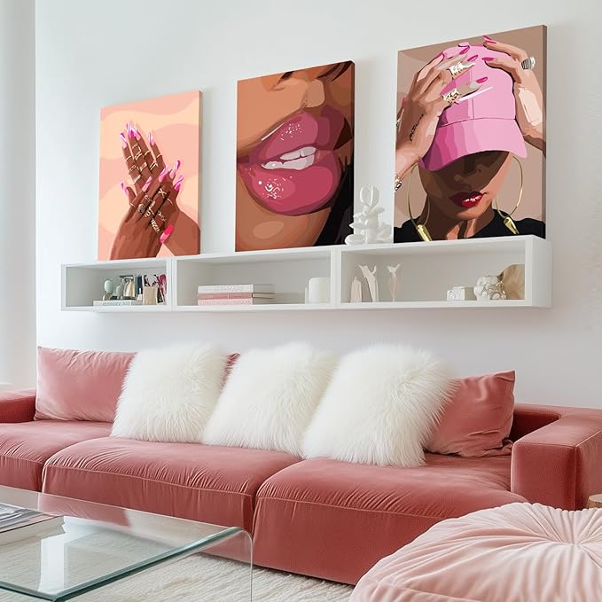 Hianan Fashion Black Girl Canvas Wall Art Modern Trendy African American Black Woman Poster Prints Pink Abstract Black Girl Aesthetic Pictures for Living Room Framed Ready to Hang 16"x24"x3