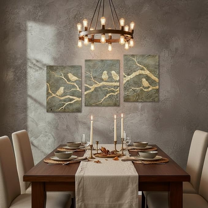 Artmyharbor Bird Prints Painting Triptych Wall Art Gold Bird Wall Decor