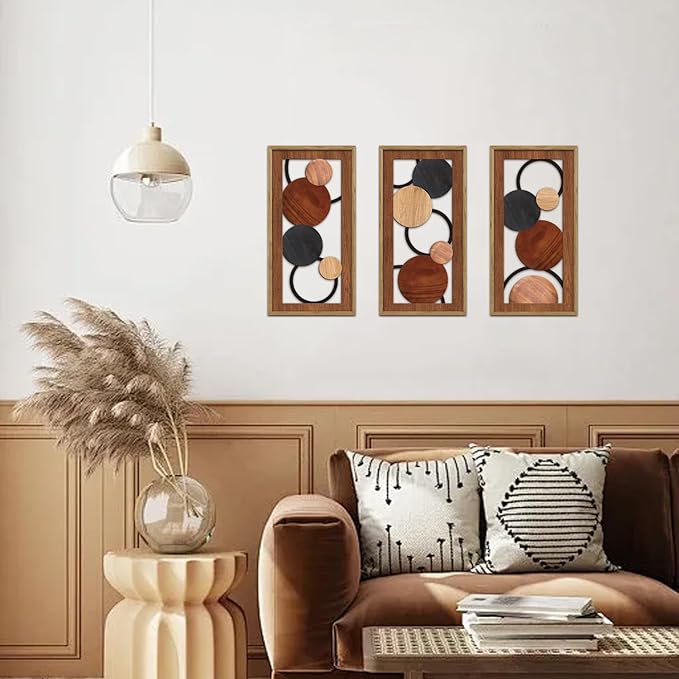 KAIRNE Boho Abstract Wooden Wall Art,3 Pieces Vintage Modern Wall Sculptures,Rustic Farmhouse Framed Hanging Decor,Minimalist Mid Century Wall Decor for Living Room Bedroom Kitchen Office,8X16 inch