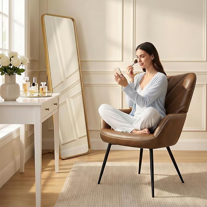 MALOL Modern Mid-Century Faux Leather Accent Chair, Upholstered Armchair with Curved Backrest, Sturdy Metal Base, Living Room, Bedroom & Reading Nook,Brown