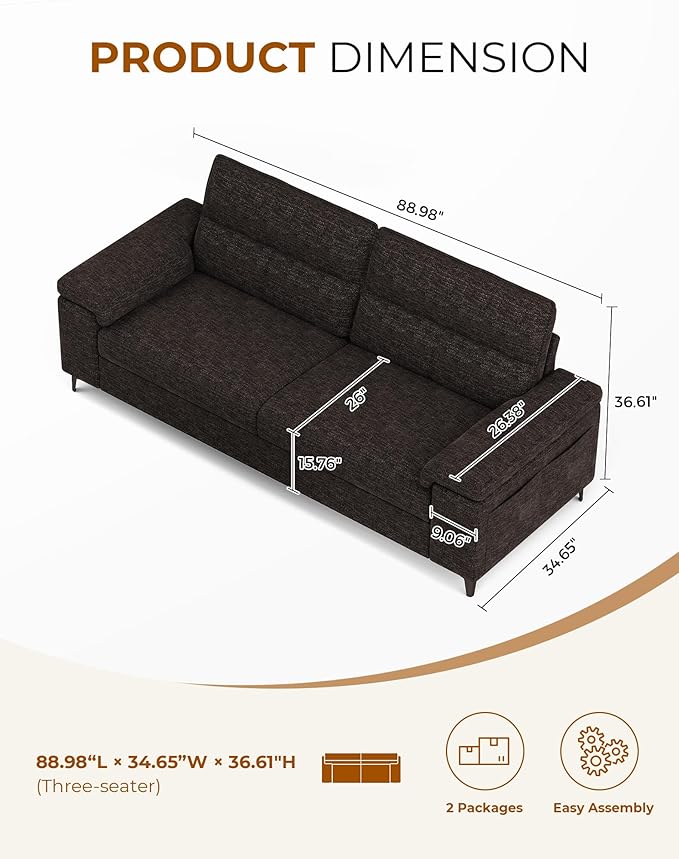 Upvilla 88.97" Modern Sofa Couch for Living Room, Deep Seat Sofa with 8”Cushion, Comfy 2-Seater Chenille Loveseat Sofa with Convertible Armrest, Removable Sofa Cover, High Leg (Dark Gray)