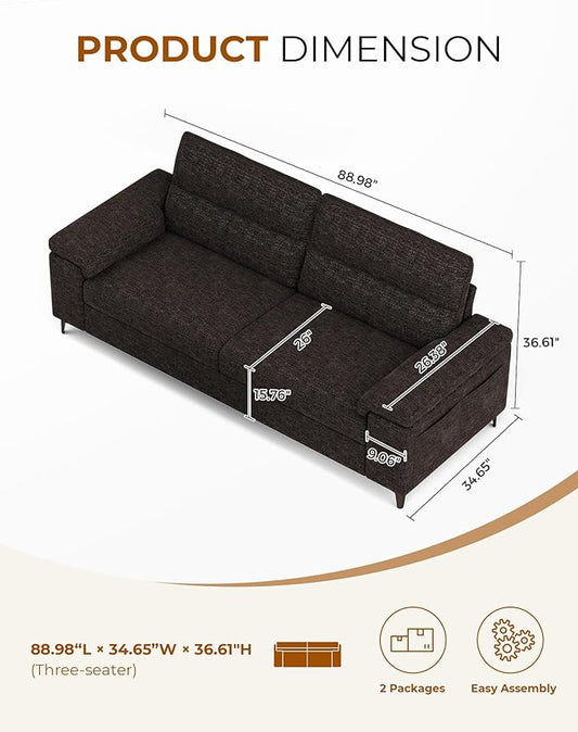 Upvilla 88.97" Modern Sofa Couch for Living Room, Deep Seat Sofa with 8”Cushion, Comfy 2-Seater Chenille Loveseat Sofa with Convertible Armrest, Removable Sofa Cover, High Leg (Dark Gray)