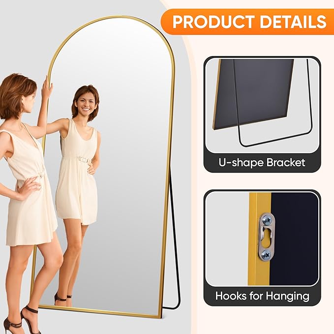 Suidia Full Length Mirror, 71"x28" Floor Standing Mirror Freestanding, Full Body Mirrors with Stand for Bedroom, Hanging Mounted for Living Room Cloakroom, Gold, Arched Style