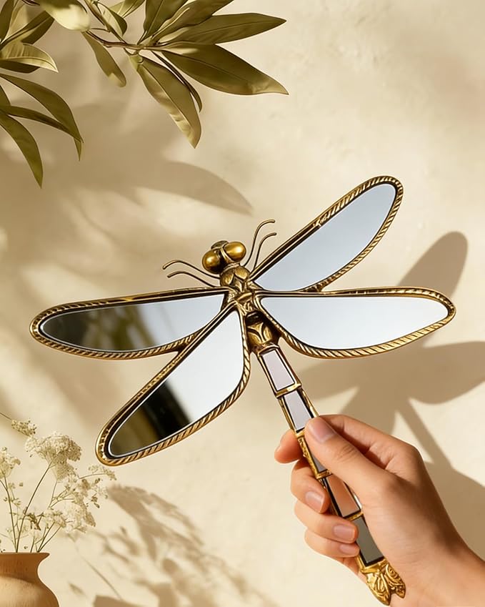 Dragonfly Wall Mirror Decor, Butterfly Art Wall Mirrors, Retro Gold Resin Decorative Wall Mirror, Creative Home Decoration for Living Room Bedroom (Dragonfly)