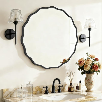 HOMECOOKIN 28" Wavy Round Wall Mirror, Black Scalloped Circle Mirror Edge Round with Metal Frame, Modern Decorative Hanging/Leaning Mirrors for Bathroom, Hotels, Hallway, Entryway, Vanity, Office