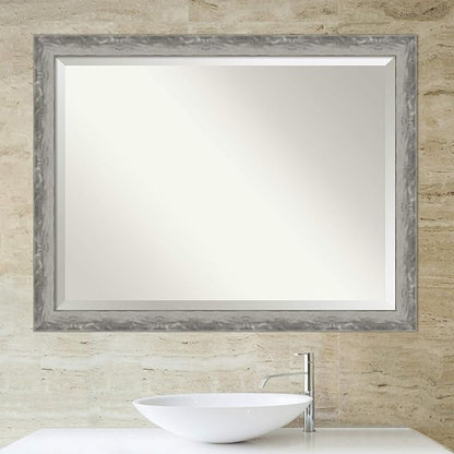 Amanti Art Silver Bathroom Mirror for Over Sink, 35x45 Waveline Silver Narrow Rectangle Vanity Mirror, X-Large Casual Frame, Hangs Horizonally and Vertically, Bathroom Wall Decor, Beveled Edge