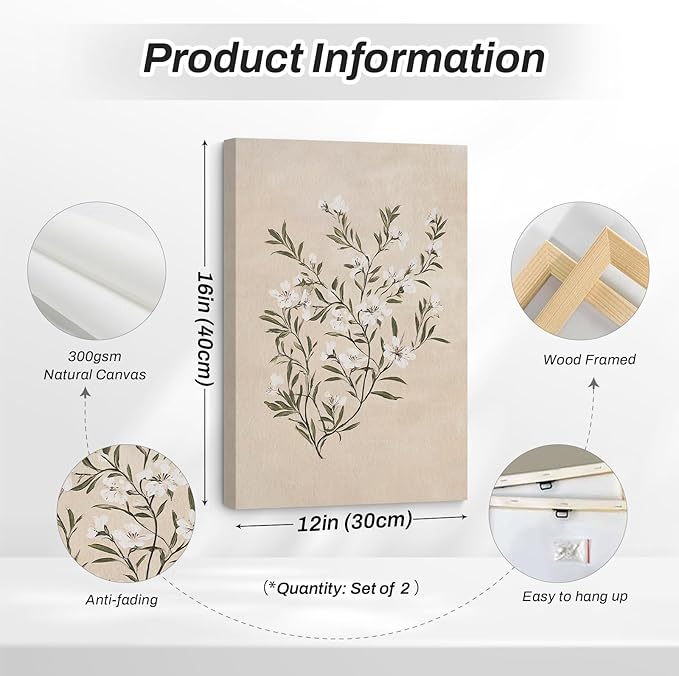 Vintage Botanical Wall Art Neutral Floral Prints Farmhouse Flower Canvas Wall Decor Watercolor Wildflower Pictures Nature Minimalist Artwork for Living Room Bedroom 12x16 Inch Wrapped Canvas Set of 2