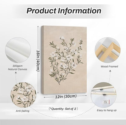 Vintage Botanical Wall Art Neutral Floral Prints Farmhouse Flower Canvas Wall Decor Watercolor Wildflower Pictures Nature Minimalist Artwork for Living Room Bedroom 12x16 Inch Wrapped Canvas Set of 2