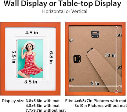 KINLINK 8x10 Picture Frame Orange, Solid Wood Frames with Acrylic Plexiglass for Pictures 4x6/5x7 with Mat or 8x10 without Mat, Tabletop and Wall Display Photo Frame, Set of 4