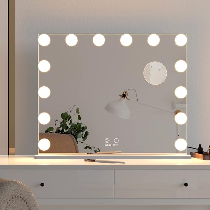 ANYHI Vanity Mirror with Lights, Large Hollywood Lighted Mirror with 14 Big LED Bulbs, Mirror with Lights for Makeup Desk, Smart Touch Control, Tabletop or Wall-Mounted, 24.4" x 19.7" (White)