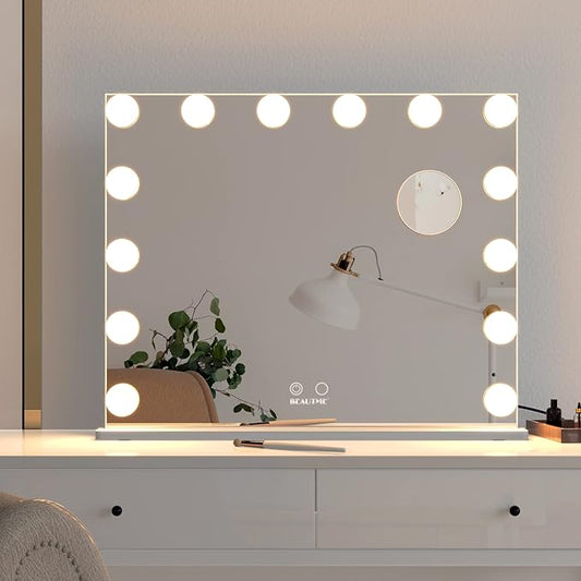 ANYHI Vanity Mirror with Lights, Large Hollywood Lighted Mirror with 14 Big LED Bulbs, Mirror with Lights for Makeup Desk, Smart Touch Control, Tabletop or Wall-Mounted, 24.4" x 19.7" (White)