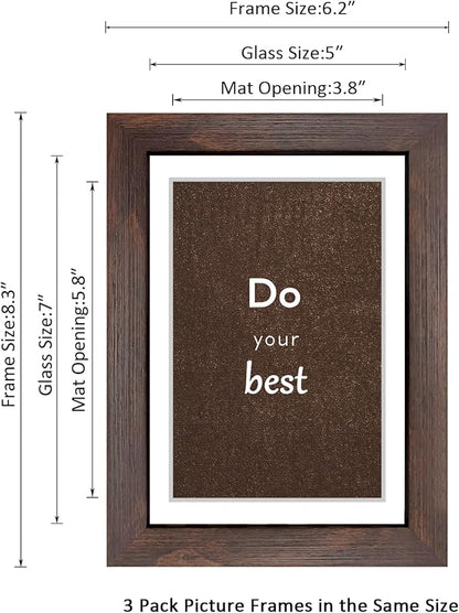 5x7 Walnut Picture Frame Set of 3 with Real Glass for Pictures 4x6 with Mat or 5x7 Without Mat, Wall or Tabletop Gallery Photo Frames