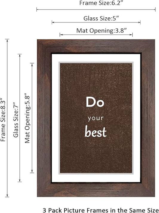 5x7 Walnut Picture Frame Set of 3 with Real Glass for Pictures 4x6 with Mat or 5x7 Without Mat, Wall or Tabletop Gallery Photo Frames