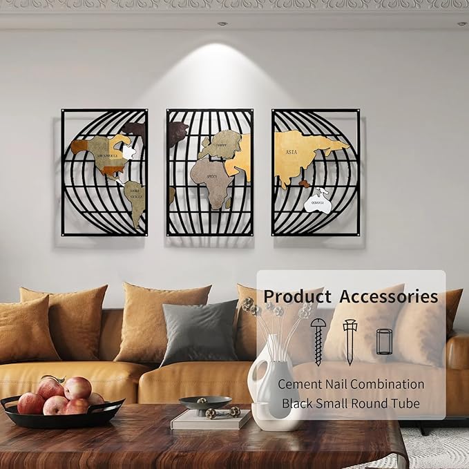 FIXNEO Metal Wall Art 3 Piece World Map Wall Art for Living Room Modern Globe Pictures Design Decor for Living Room Home Bathroom Office (World Map, 31.8"*15.74")