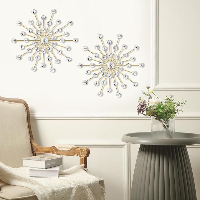 Barydat 6 Pcs Metal Starburst Wall Decor Bling Crystal Wall Art Rhinestone Sunburst Home Decoration No Punch Starburst Hanging Diamond Accents for Living Room Bedroom(25cm,Gold)