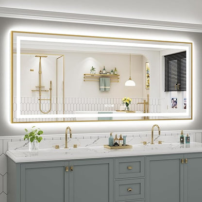 88x38 Inch LED Bathroom Mirror with Gold Frame, Backlit & Front Lit, Anti-Fog Lighted Bathroom Vanity Mirror for Wall, Memory Function, Dimmable, HD Tempered Glass, Shatter-Proof