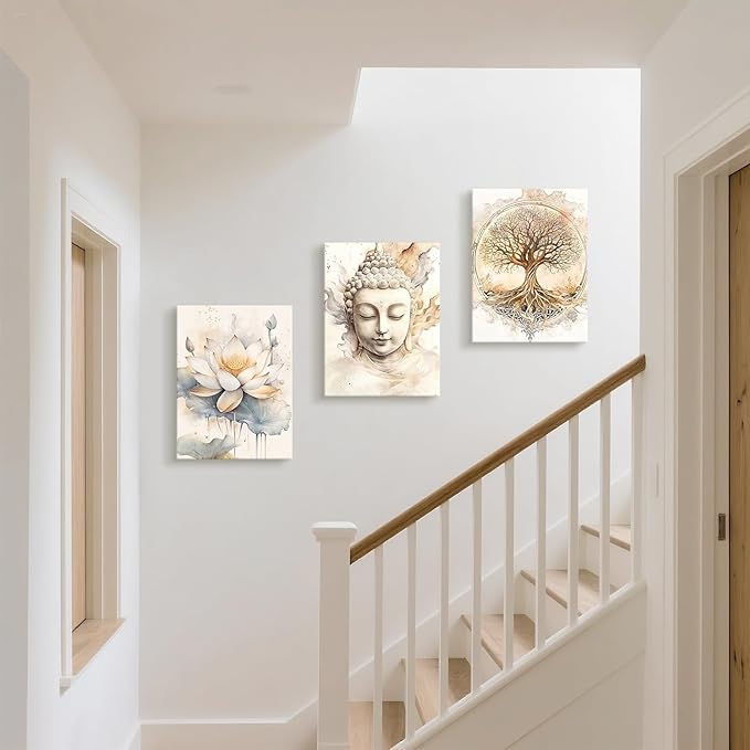 WENGTIAO 3Pcs Zen Canvas Wall Art Prints Beige Tree of Life Wall Paintings Buddha Lotus Pictures Posters Religious Spiritual Meditation Room Decor for Living Room Bedroom Spa Office 12x16x3Pcs