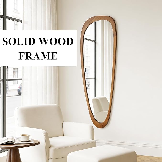 Ruomeng Full Length Irregular Wall Mirror, 60 x 22 Inch Wooden Mirror, Boho Large Decorative Asymmetrical Mirror for Bathroom, Living Room, Bedroom, Entryway, Farmhouse, Tempered Glass, Shatterproof