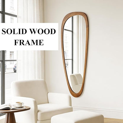 Ruomeng Full Length Irregular Wall Mirror, 60 x 22 Inch Wooden Mirror, Boho Large Decorative Asymmetrical Mirror for Bathroom, Living Room, Bedroom, Entryway, Farmhouse, Tempered Glass, Shatterproof