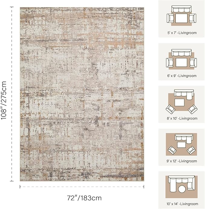 Rugxara 6x9 Washable Area Rug for Living Room, Modern Abstract Large Boho Rugs for Office, Dining Room, Kids Room, Farmhouse, Durable Low Pile Non Slip Carpet for High Traffic Areas, Beige Grey