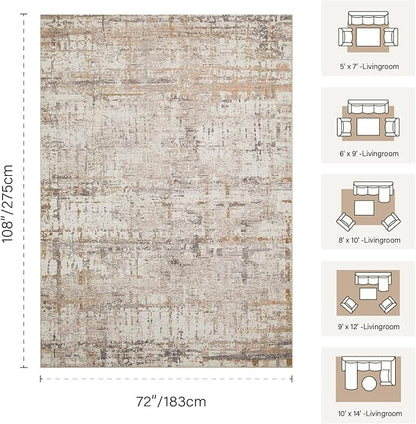 Rugxara 6x9 Washable Area Rug for Living Room, Modern Abstract Large Boho Rugs for Office, Dining Room, Kids Room, Farmhouse, Durable Low Pile Non Slip Carpet for High Traffic Areas, Beige Grey