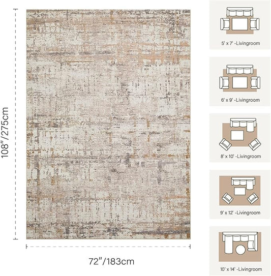 Rugxara 6x9 Washable Area Rug for Living Room, Modern Abstract Large Boho Rugs for Office, Dining Room, Kids Room, Farmhouse, Durable Low Pile Non Slip Carpet for High Traffic Areas, Beige Grey