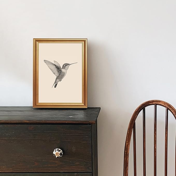 JLTULT Gold Framed Hummingbird Wall Art, Vintage Black White Sketch Wall Decor, Hummingbird Illustration Art Prints for Living Room Bedroom Office 8x10 Inches with Fade-Resistant Easy to Hang