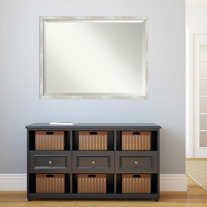 Amanti Art Silver Bathroom Mirror for Over Sink, 32x42 Crackled Metallic Narrow Rectangle Vanity Mirror, X-Large Casual Frame, Hangs Horizonally and Vertically, Bathroom Wall Decor, Beveled Edge
