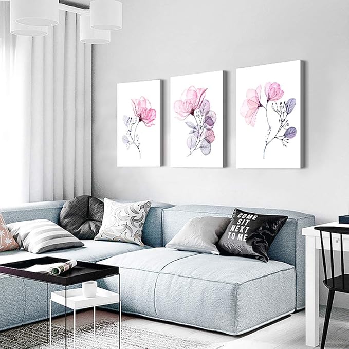 3 Piece Modern pink red Flowers Canvas Wall Art for Bedroom Living Room decor,Bathroom Wall Decor,3 Panels framed Wall Watercolor Painting Kitchen Home Decoration Canvas Print Artwork Wall Mural