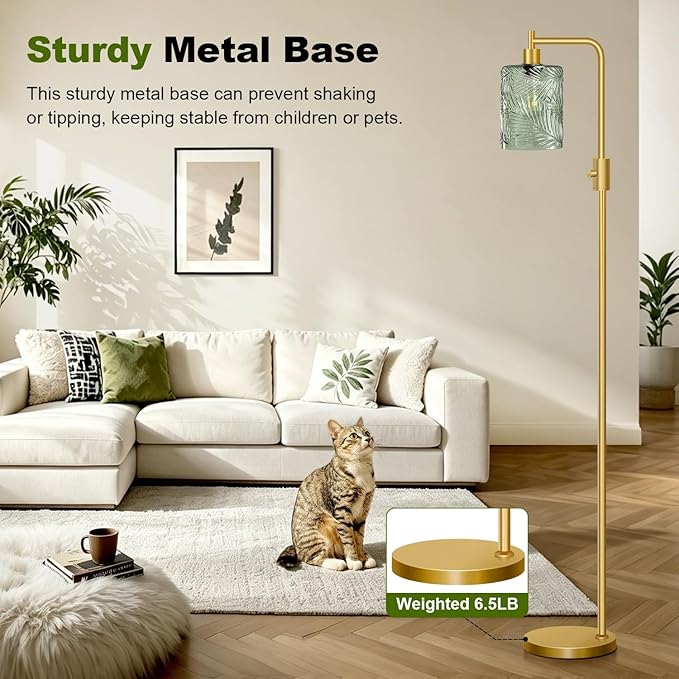 【Upgraded】 Dimmable Glass Floor Lamp for Living Room, Modern Gold Standing Lamp with Green Feather Glass Lampshade & Knob Dimmer, Arc Tall Lamp for Bedroom Office Reading Room, 2700K Led Bulb Included